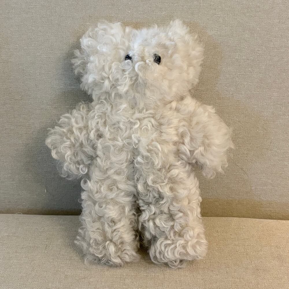 Vintage Handmade Curly Lambskin Sheepskin Teddy Bear 11" White Gray Natural Fur